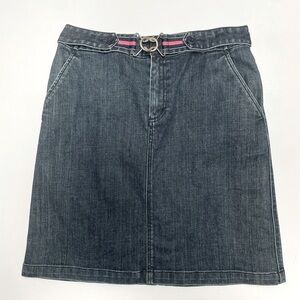 Talbots Stretch Denim Jeans Skirt w/ Pink Belt and Brass Hook Buckle EUC size 8